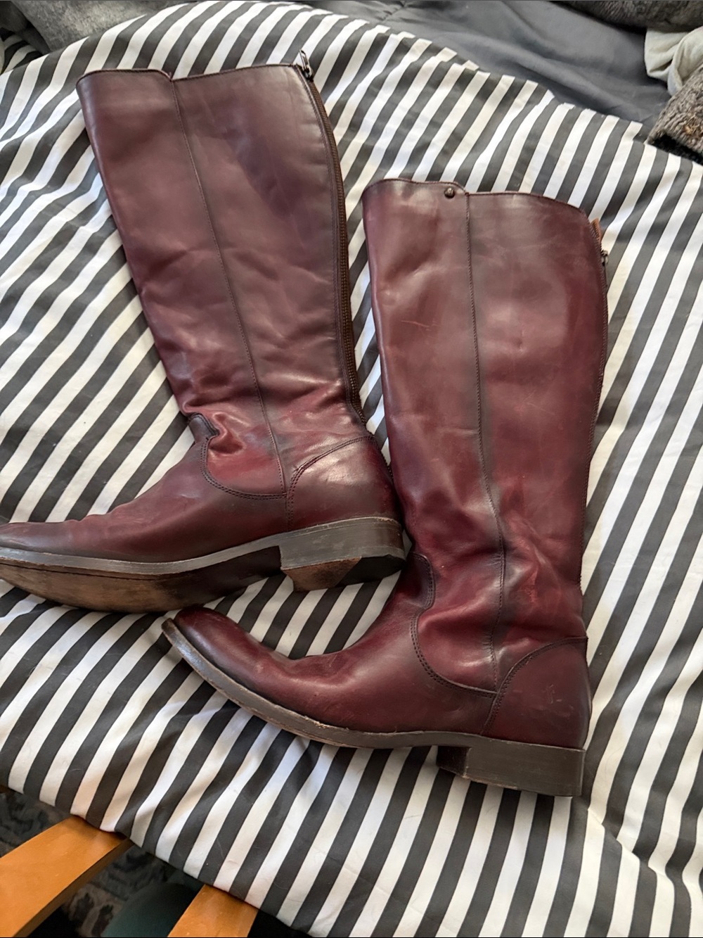 Frye Tall Leather Riding Boots in Burgundy/brown